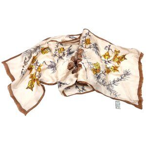 Vintage Oscar De La Renta Floral Silk Scarf Brown Border Botanical Print